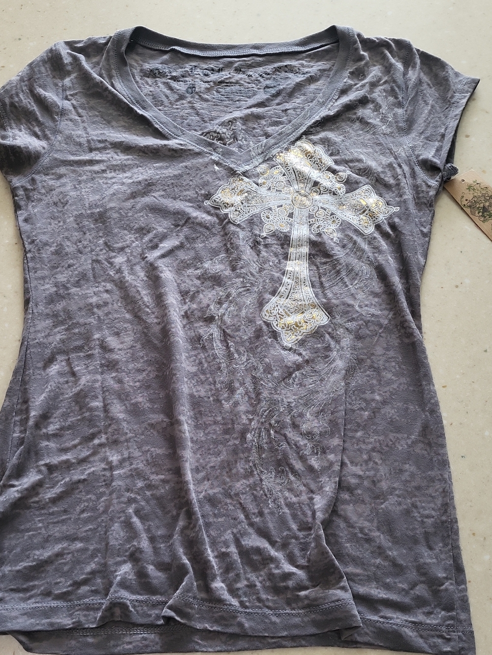 L.O.L. Vintage Gray V-Neck Tee with Ornate Cross and Gold Accents